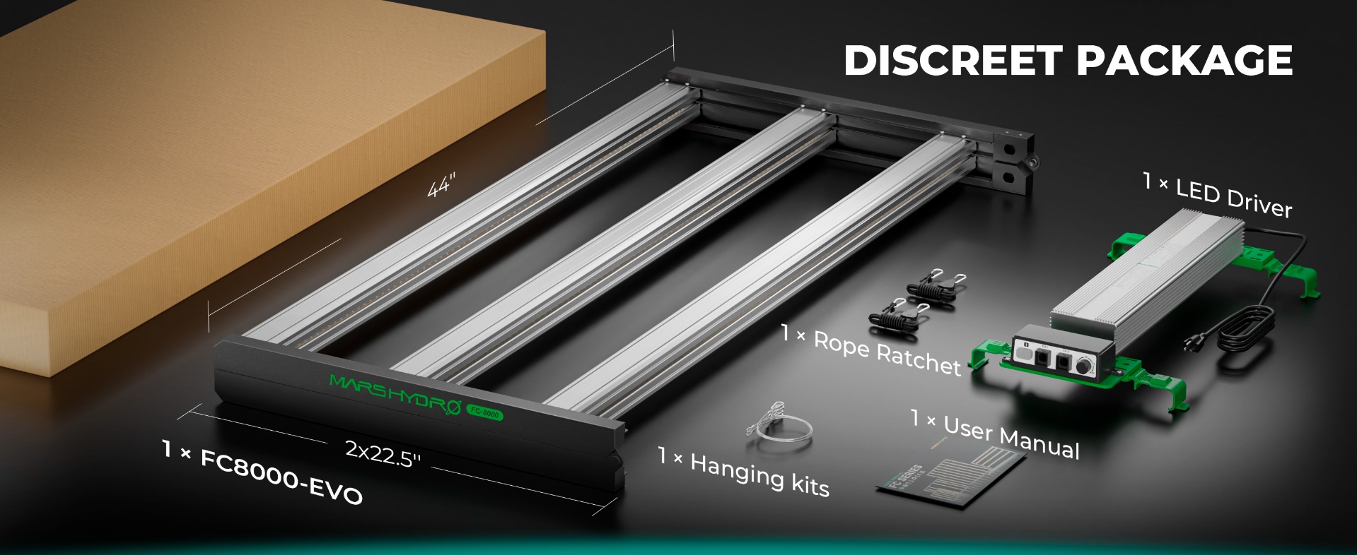 Discreet package of Mars Hydro FC8000 Dimmable LED grow light