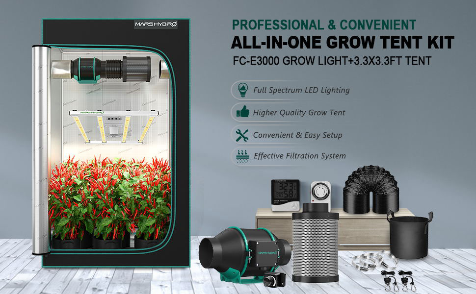 Mars Hydro FC-E 3000 LED Grow Light+3’x3′(100x100cm) Indoor Complete Grow Tent Kits