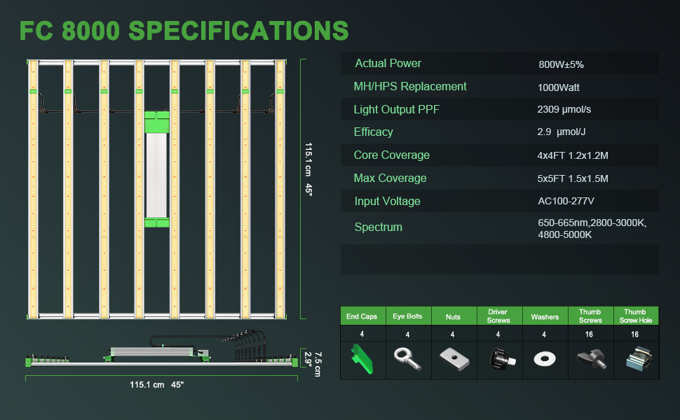 Specification of Mars Hydro FC8000 800W led grow light