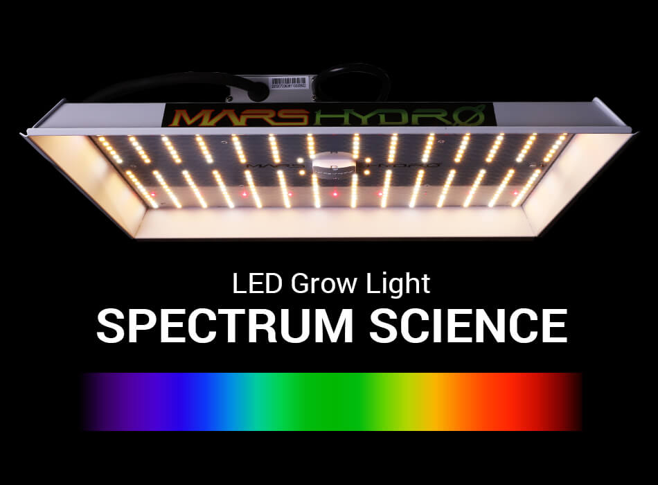 LED Grow Light Spectrum Science (with Mars Hydro TS1000 led grow light ahead of black background and a rainbow colored spectrum under it)