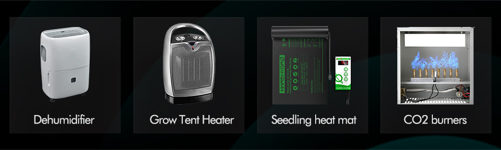 Indoor grow equipment list: Environmental Conditioning System, including dehumidifier, humidifier, heaters, heat mats, co2 burners