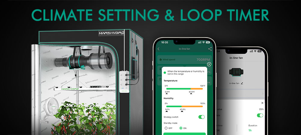 mars hydro iFresh smart inline fan applied in the grow tent with app settings