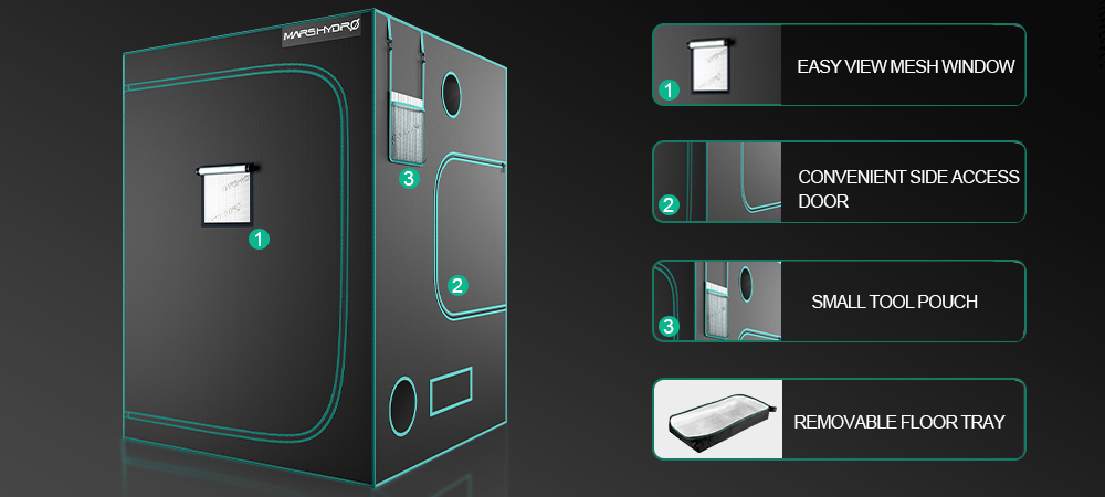 mars hydro grow tent features4: removable floor tray, easy view window, side door, tool pouch